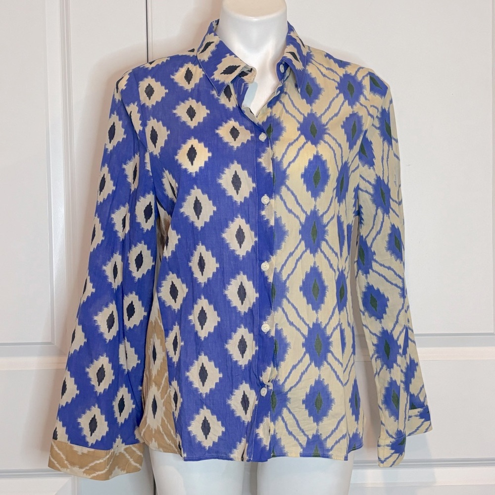 Zara Blue and Cream Mixed-Print Button-Down Shirt